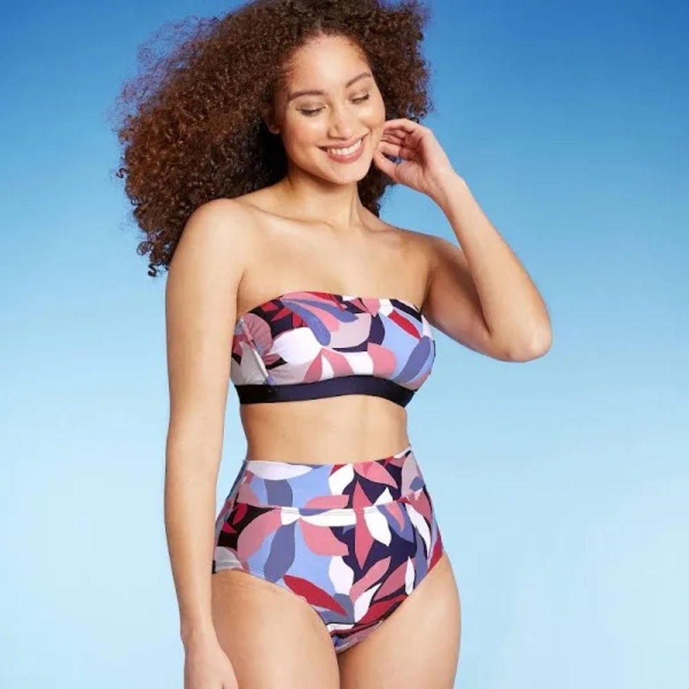 Kona Sol Women's Bandeau Bikini Top, High Waisted Bottom - comes with straps